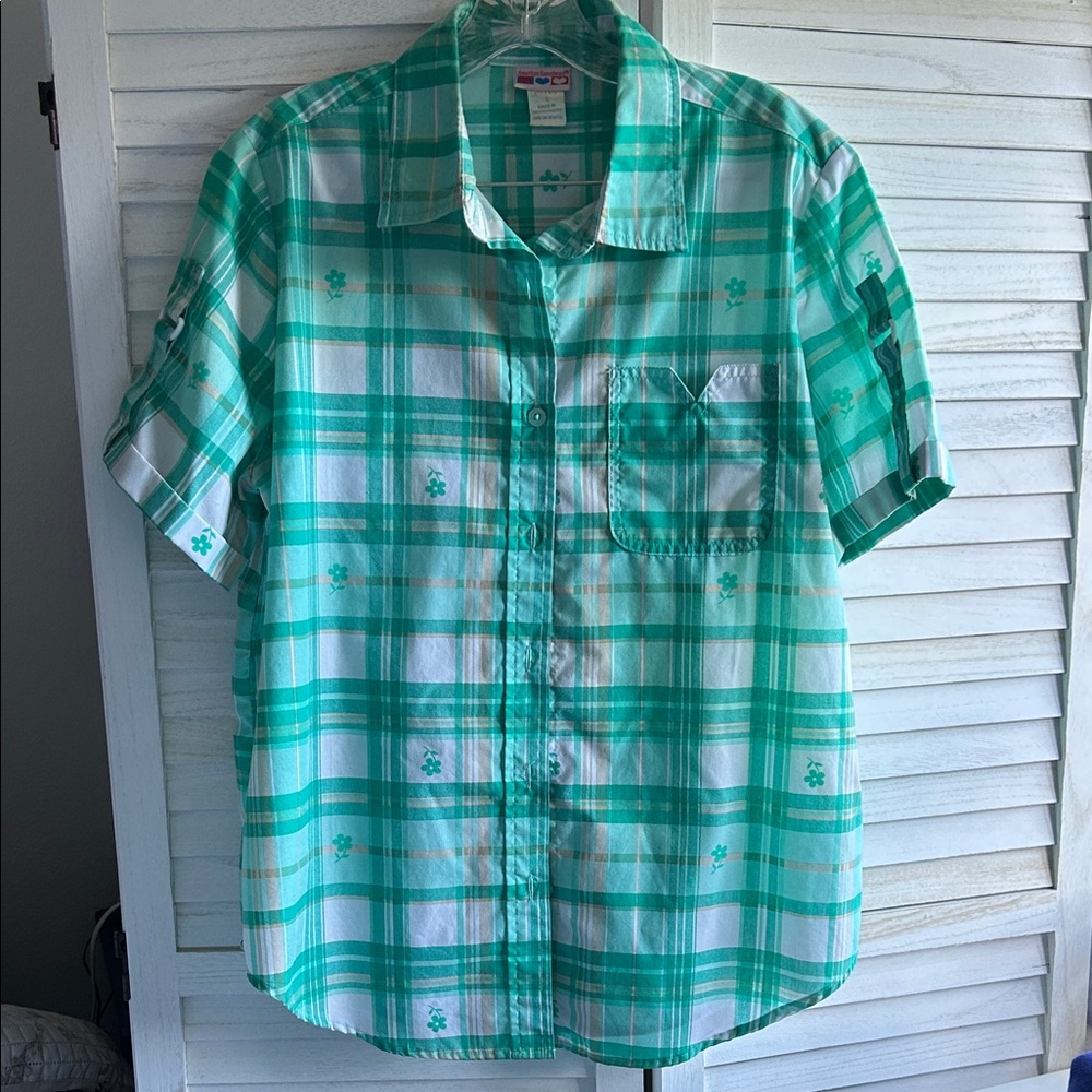 American Sweetheart Green & White Plaid Button Down Shirt